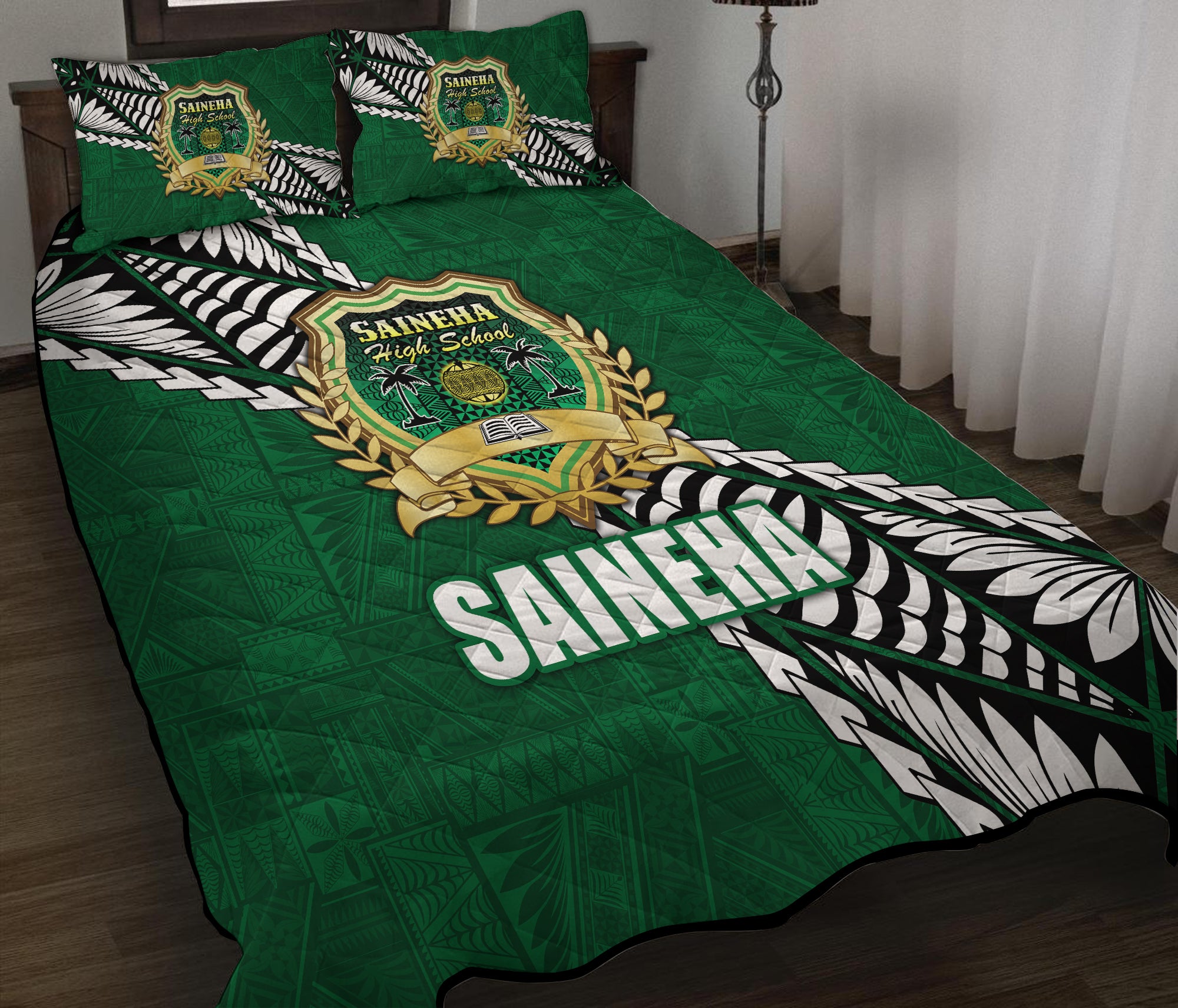 Tonga Saineha High School Tongan Patterns Quilt Bed Set - LT12 Quilt Bed Set Green - Polynesian Pride
