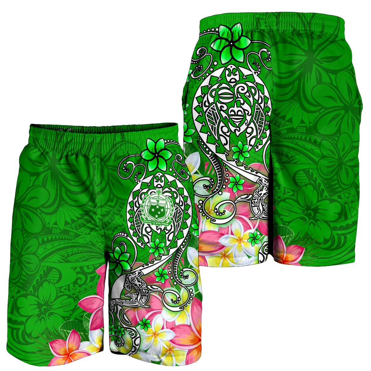 Samoa Men's Shorts - Turtle Plumeria (Green) - Polynesian Pride