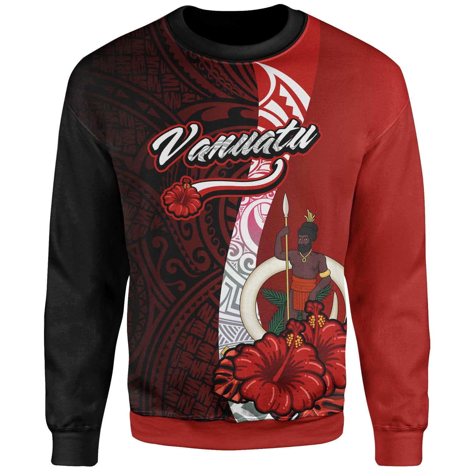 Vanuatu Polynesian Sweater - Coat Of Arm With Hibiscus Unisex Red - Polynesian Pride