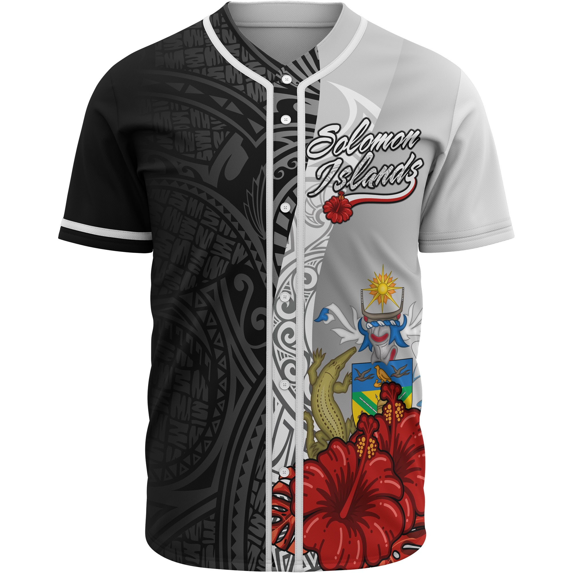 Solomon Islands Polynesian Baseball Shirt - Coat Of Arm With Hibiscus White Unisex White - Polynesian Pride