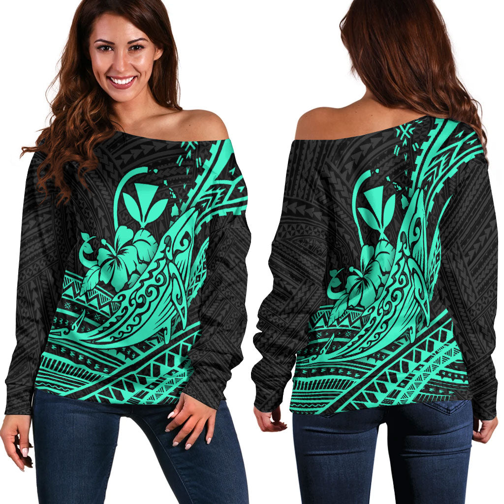 Hawaii Humpback Whale With Hibiscus Tribal Turquoise Women Off Shoulder Sweater - LT12 Women Blue - Polynesian Pride