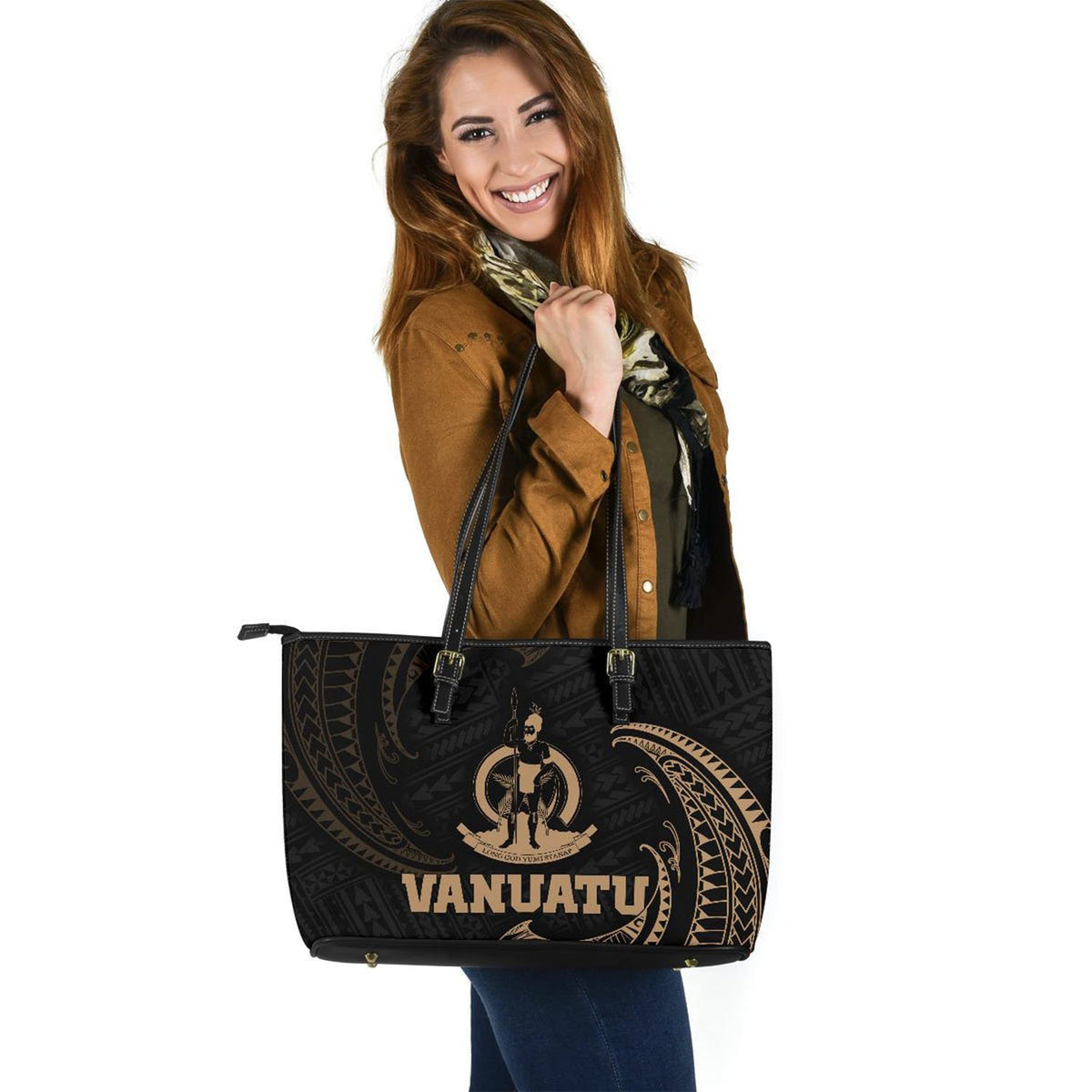 Vanuatu Polynesian Leather Tote Bag - Gold Tribal Wave - Polynesian Pride