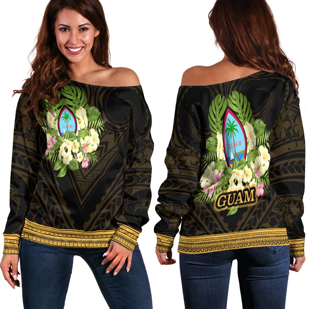 Guam Women's Off Shoulder Sweater - Polynesian Gold Patterns Collection Black - Polynesian Pride