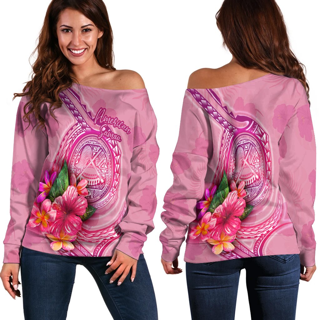 American Samoa Polynesian Women's Off Shoulder Sweater - Floral With Seal Pink Pink - Polynesian Pride