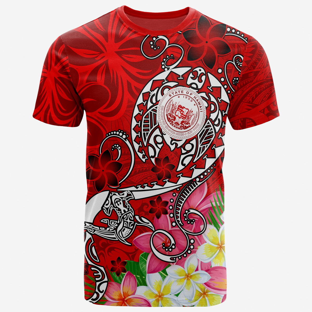 Hawaii Polynesian T Shirt Hawaii Seal With Turtle Plumeria (Red) Unisex Red - Polynesian Pride