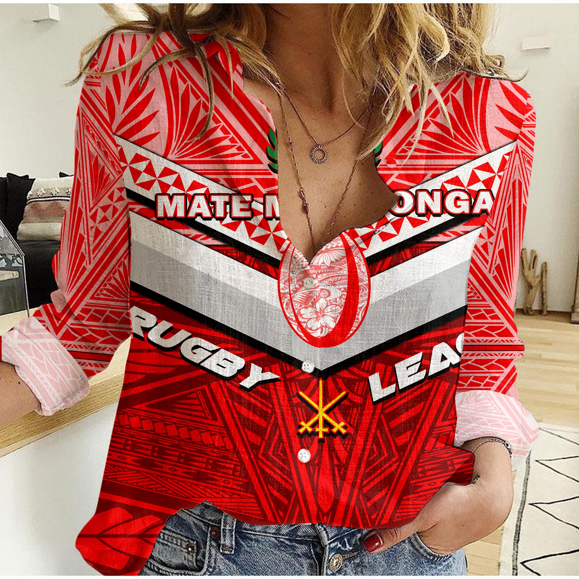 Tonga Rugby Mate Ma'a Tonga Tapa Pattern Women Casual Shirt - LT2 Female RED - Polynesian Pride