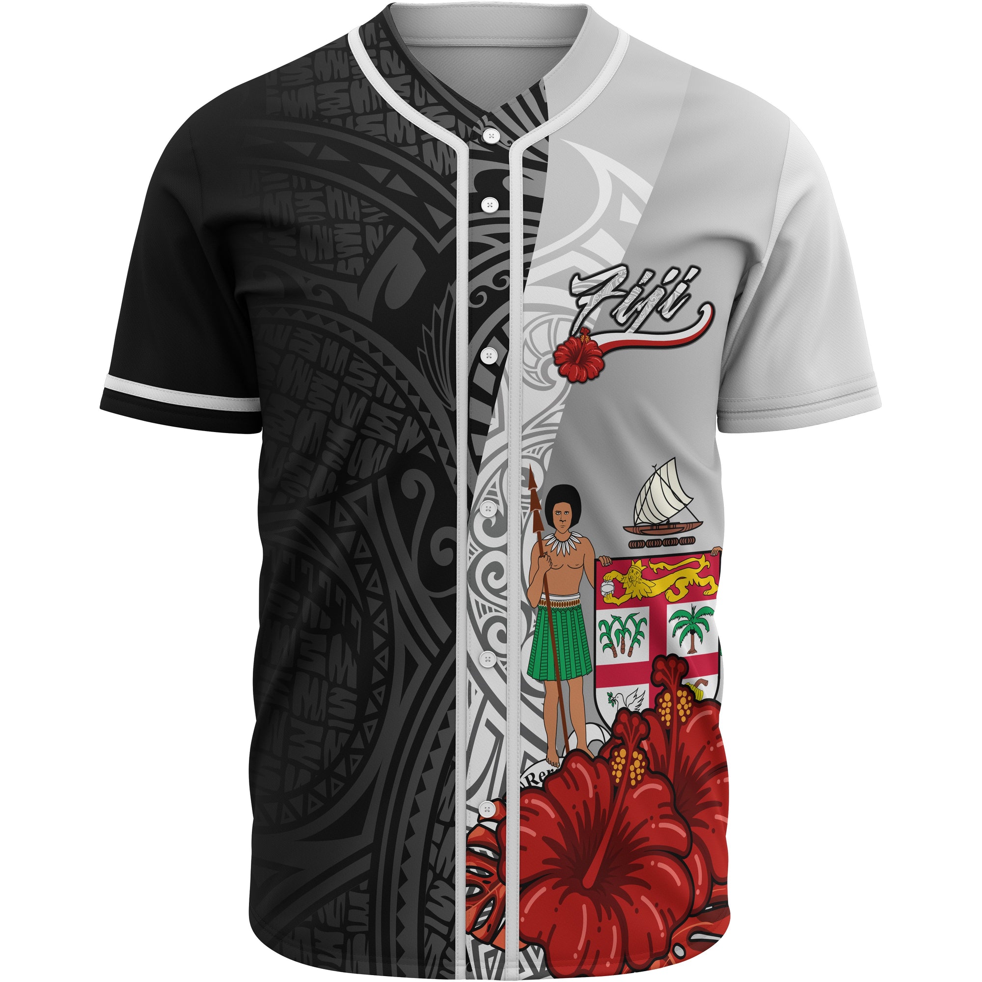 Fiji Polynesian Baseball Shirt - Coat Of Arm With Hibiscus White Unisex White - Polynesian Pride