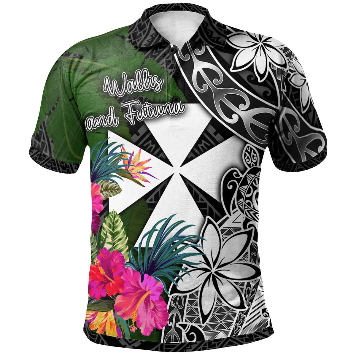 Wallis and Futuna Polo Shirt Turtle Plumeria Banana Leaf Unisex Black - Polynesian Pride