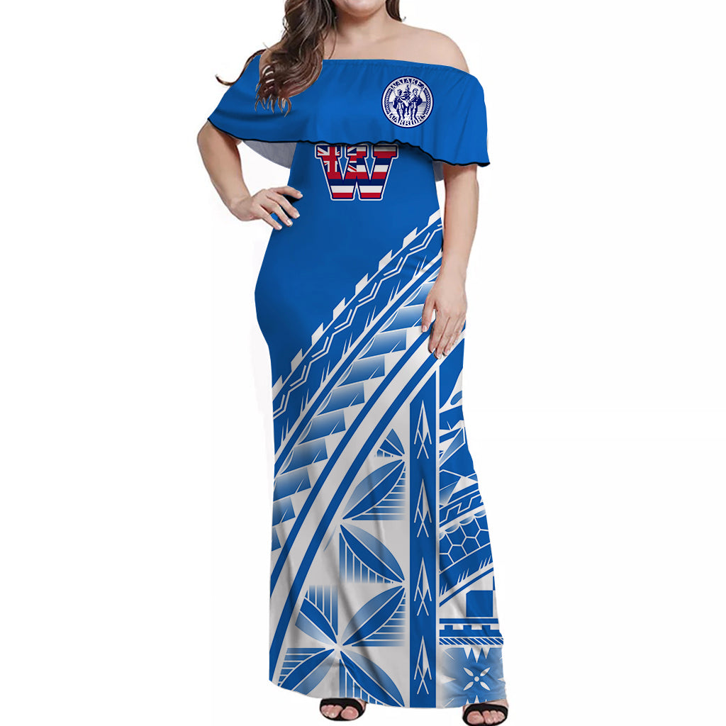 Hawaii Waiakea High School Tattoo Tribal Off Shoulder Dress Ver07 - LT12 Long Dress Blue - Polynesian Pride