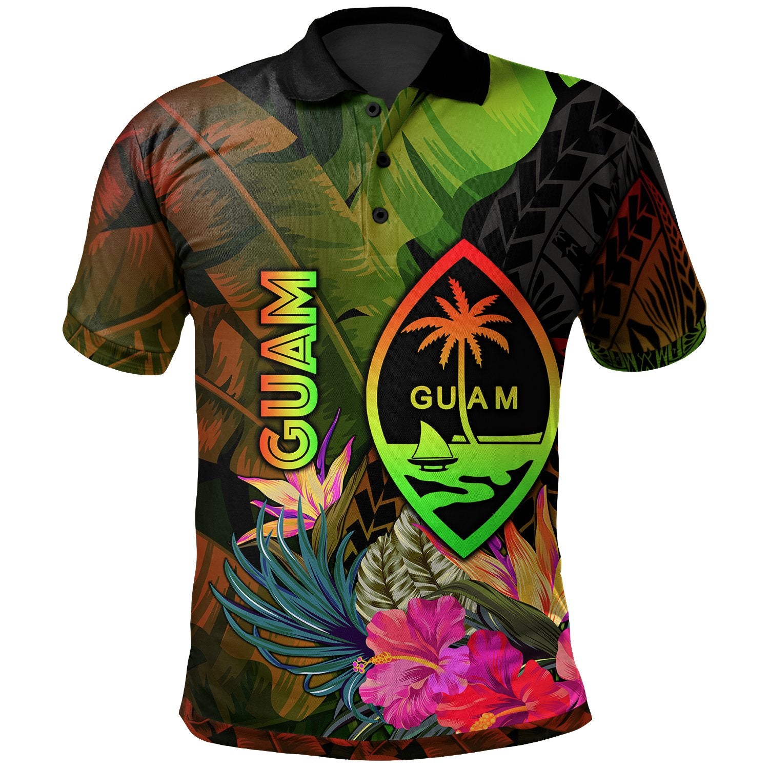 Guam Polynesian Polo Hibiscus and Banana Leaves Unisex Reggae - Polynesian Pride