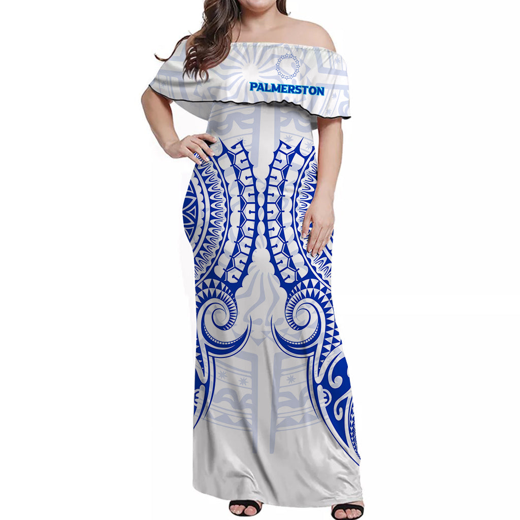 Cook Islands Palmerston Off Shoulder Long Dress - Tribal Pattern - LT12 Long Dress White - Polynesian Pride