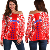 Tuamotu Archipelago Tribal Tattoo Women Off Shoulder Sweater - LT12 Red - Polynesian Pride