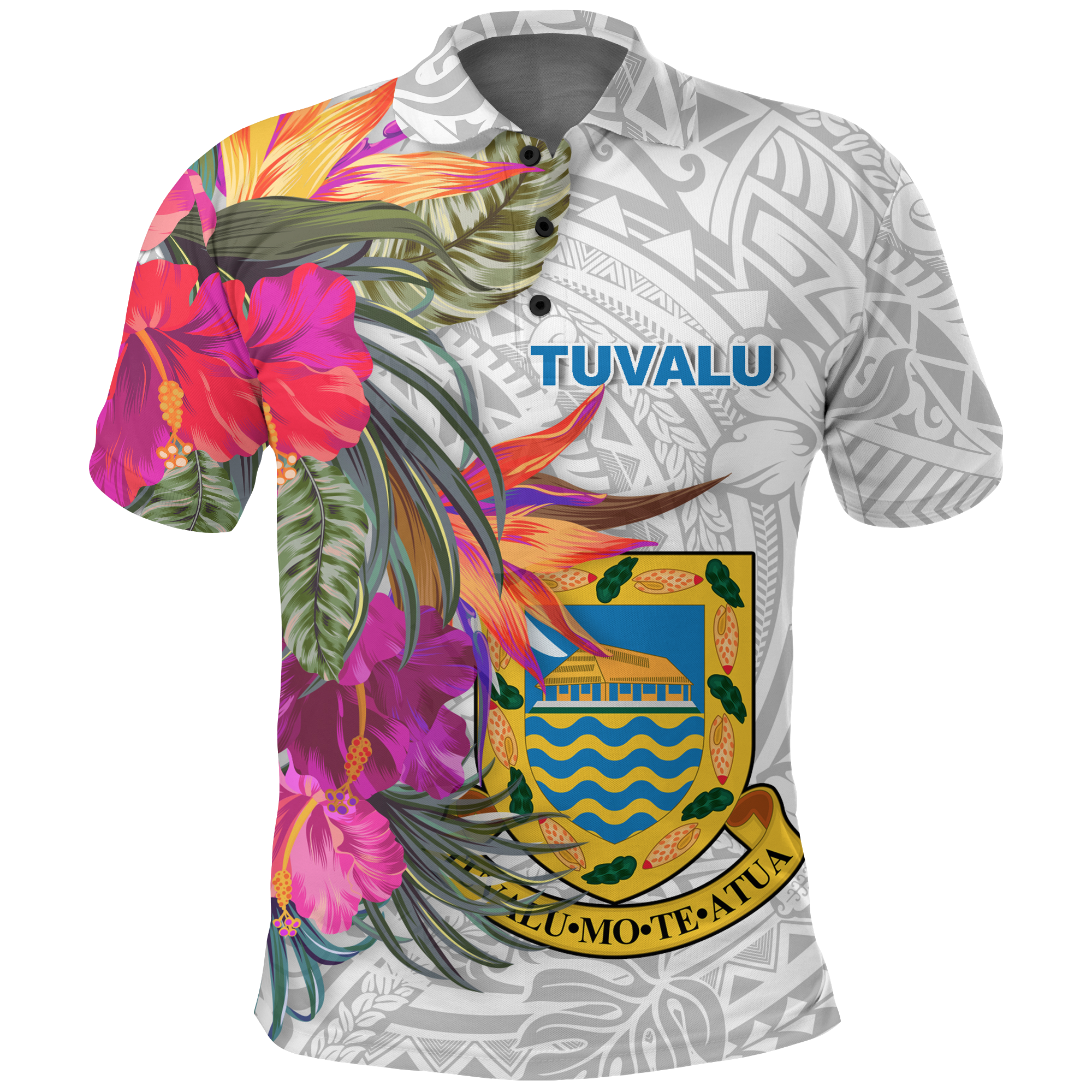Tuvalu Polynesian Hibiscus White Pattern Polo Shirt LT12