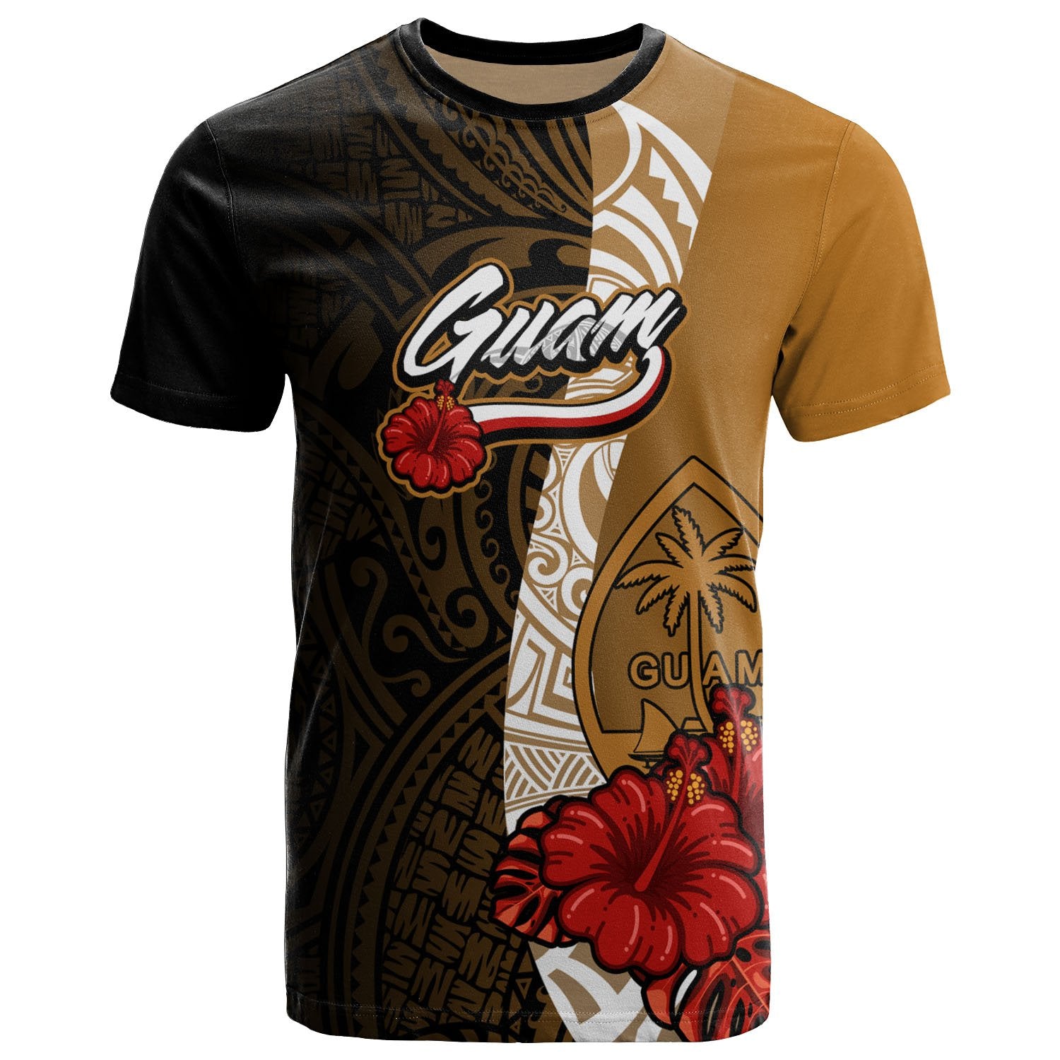 Guam Polynesian T Shirt Coat of Arms With Hibiscus Gold Unisex Art - Polynesian Pride