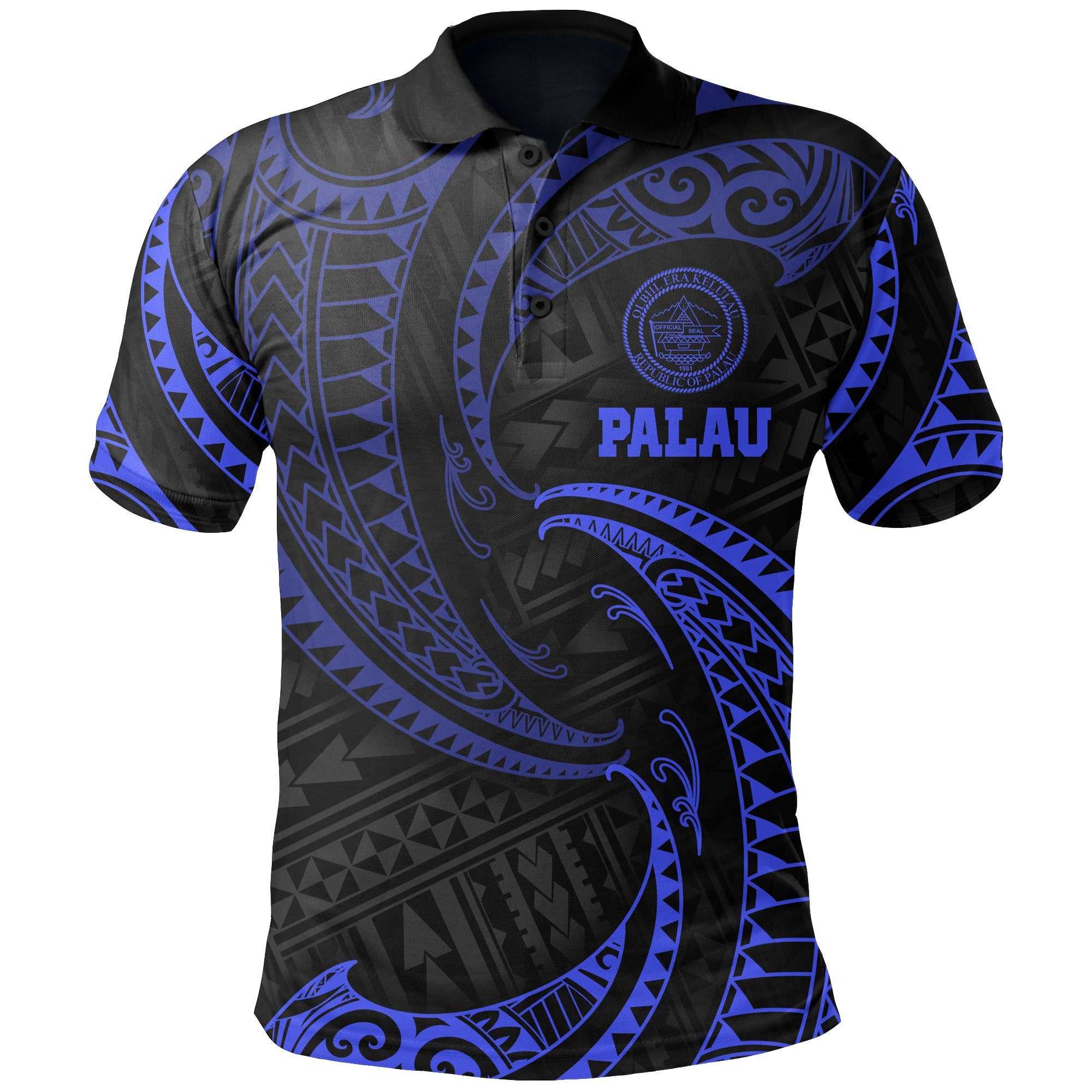 Palau Polynesian Polo Shirt Blue Tribal Wave Unisex Blue - Polynesian Pride