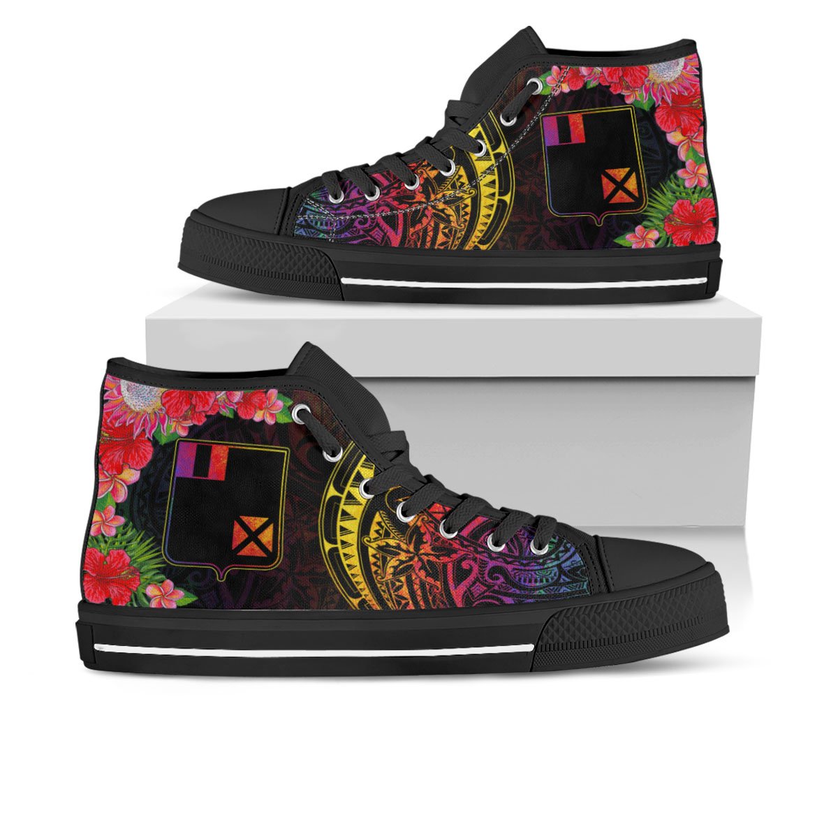 Wallis and Futuna High Top Shoes - Tropical Hippie Style Unisex Black - Polynesian Pride