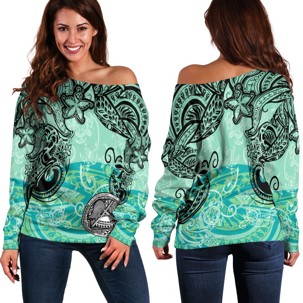 American Samoa Women's Off Shoulder Sweaters - Vintage Floral Pattern Green Color Green - Polynesian Pride