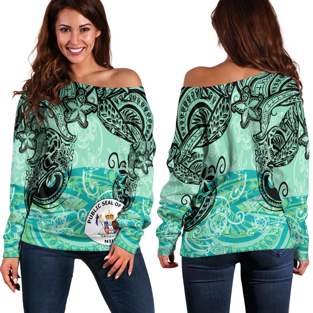 Niue Women's Off Shoulder Sweaters - Vintage Floral Pattern Green Color Green - Polynesian Pride