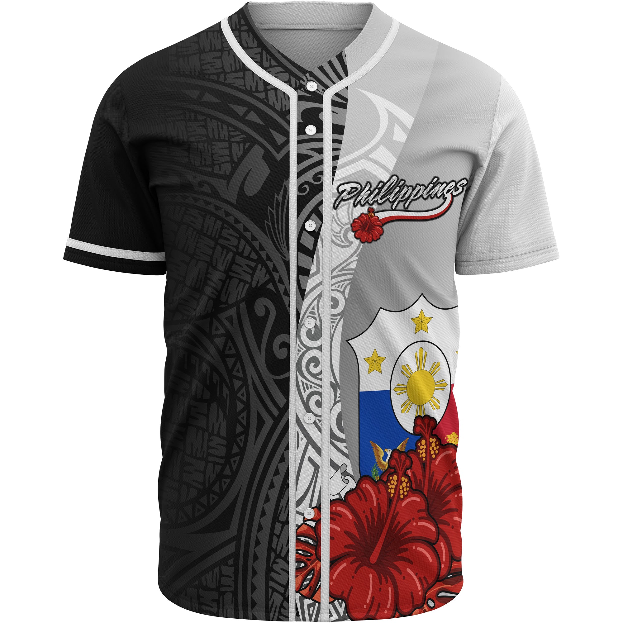 Philippines Polynesian Baseball Shirt - Coat Of Arm With Hibiscus White Unisex White - Polynesian Pride
