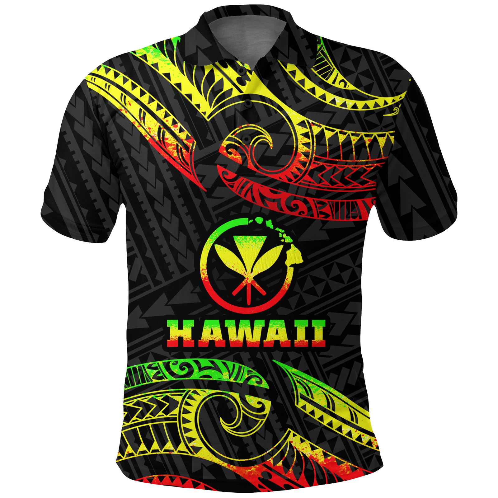 Hawaii Polo Shirt Tribal Pattern Reggae LT12 Unisex Black - Polynesian Pride