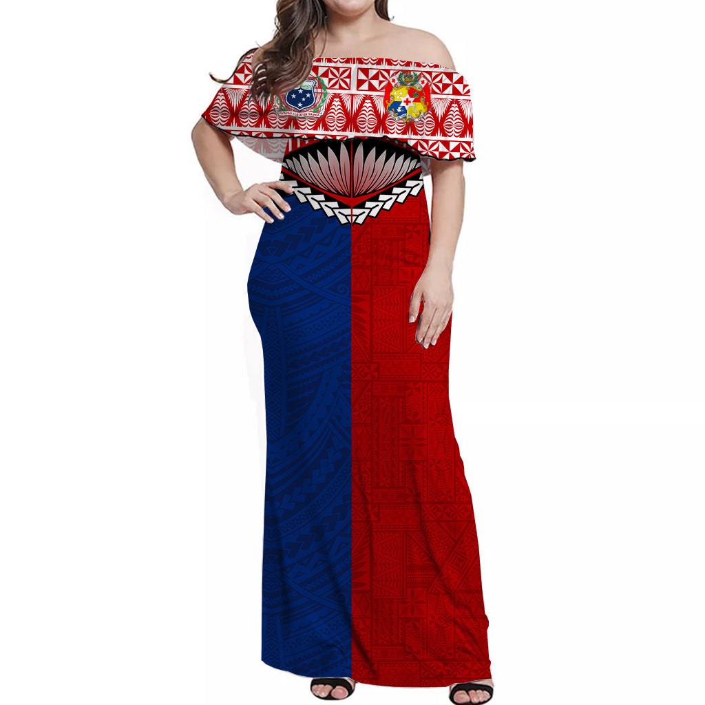 Tonga Combine Samoa Pride Off Shoulder Long Dress - LT12 Long Dress Blue - Polynesian Pride