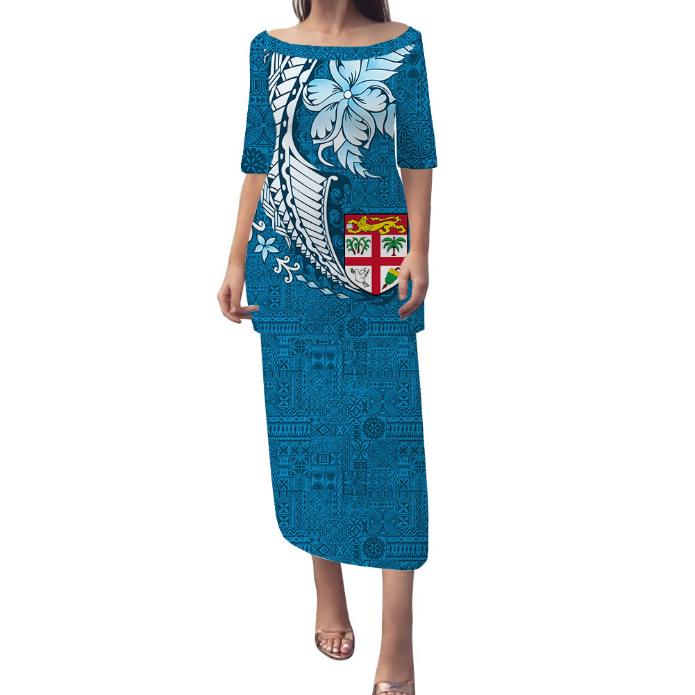 Fiji Tapa Pattern With Plumeria Tribal Puletasi Dress - LT12 Long Dress Blue - Polynesian Pride
