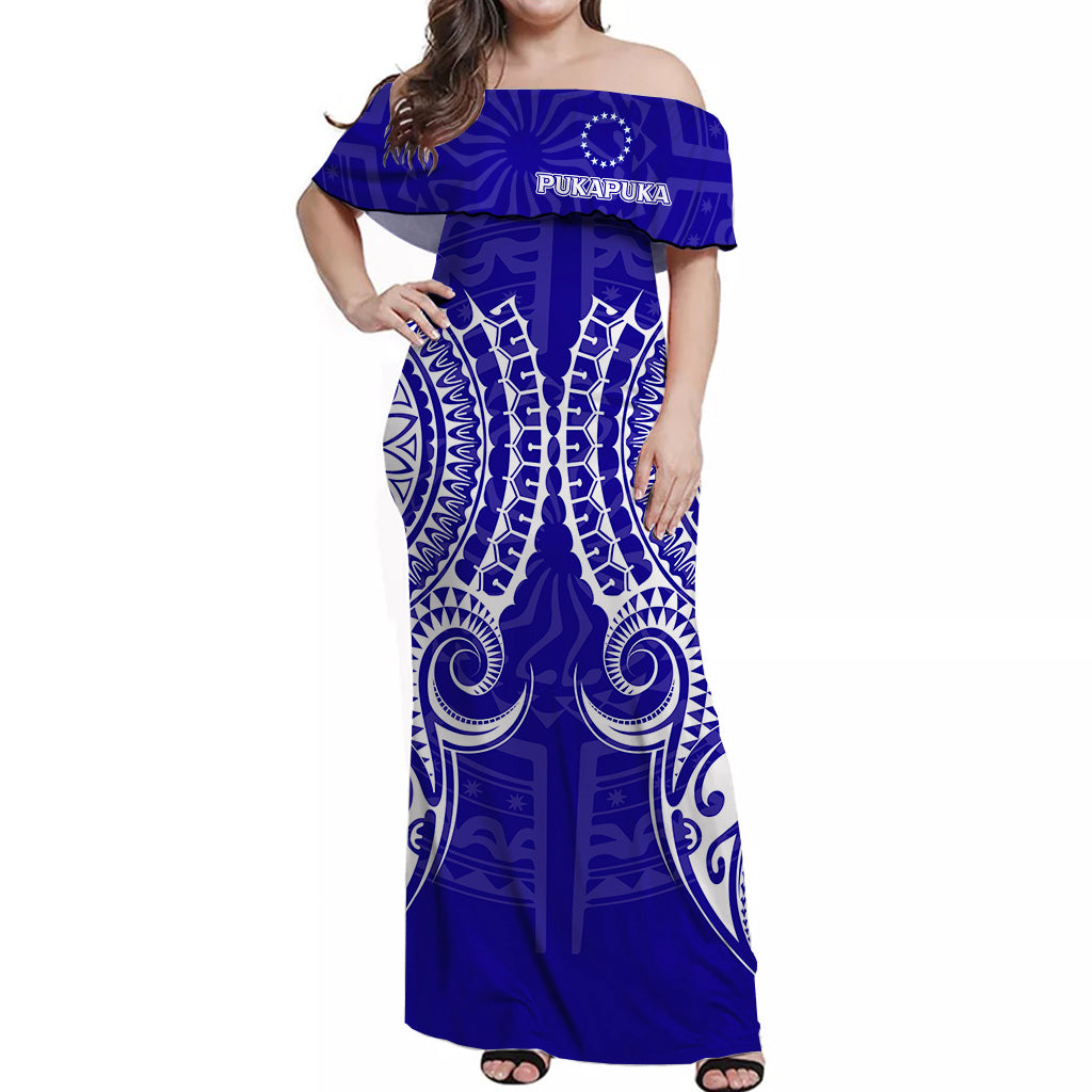 Cook Islands Pukapuka Off Shoulder Long Dress - Tribal Pattern - LT12 Long Dress Blue - Polynesian Pride