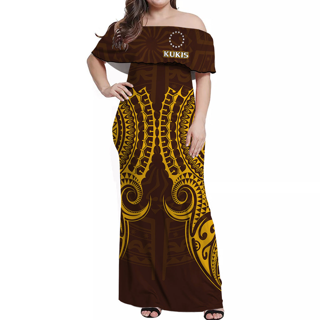 Cook Islands Kukis Off Shoulder Long Dress - Tribal Pattern - LT12 Long Dress Brown - Polynesian Pride