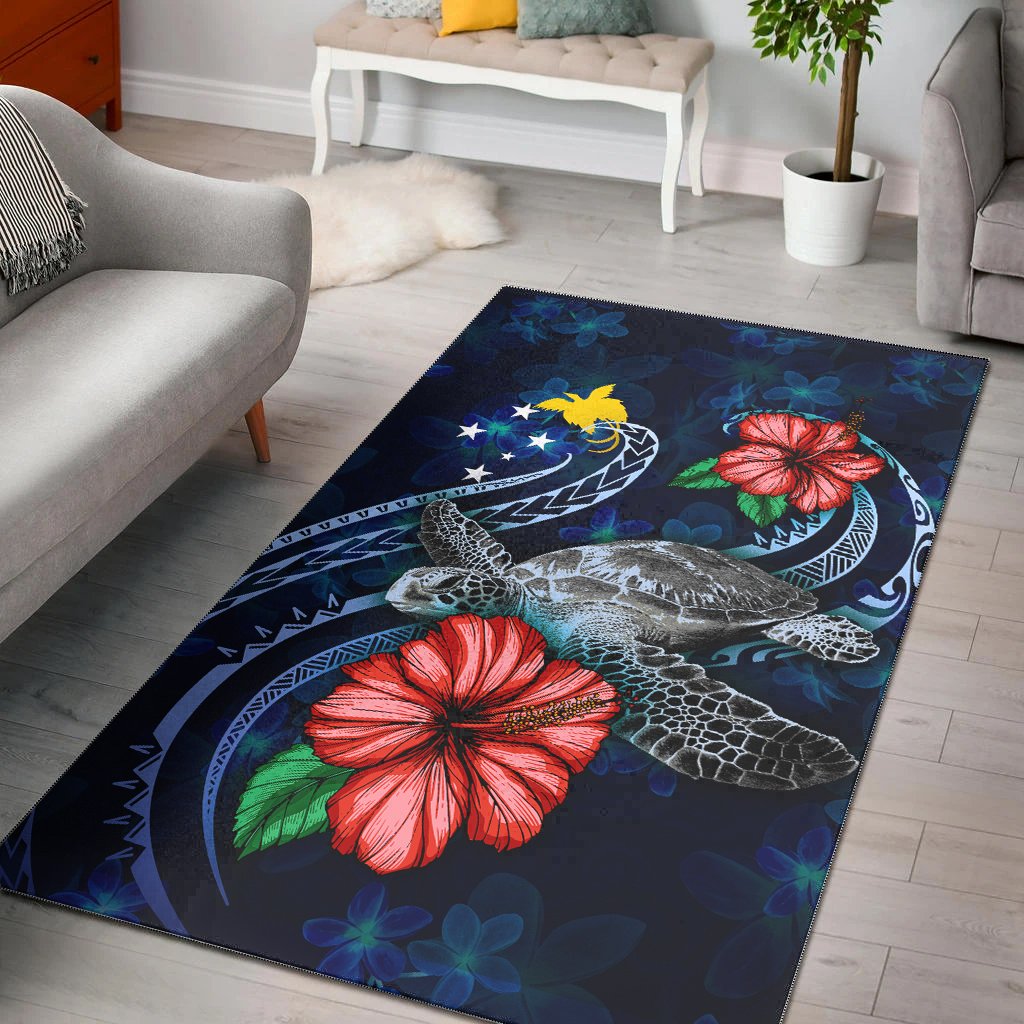 Papua New Guinea Polynesian Area Rug - Blue Turtle Hibiscus Blue - Polynesian Pride