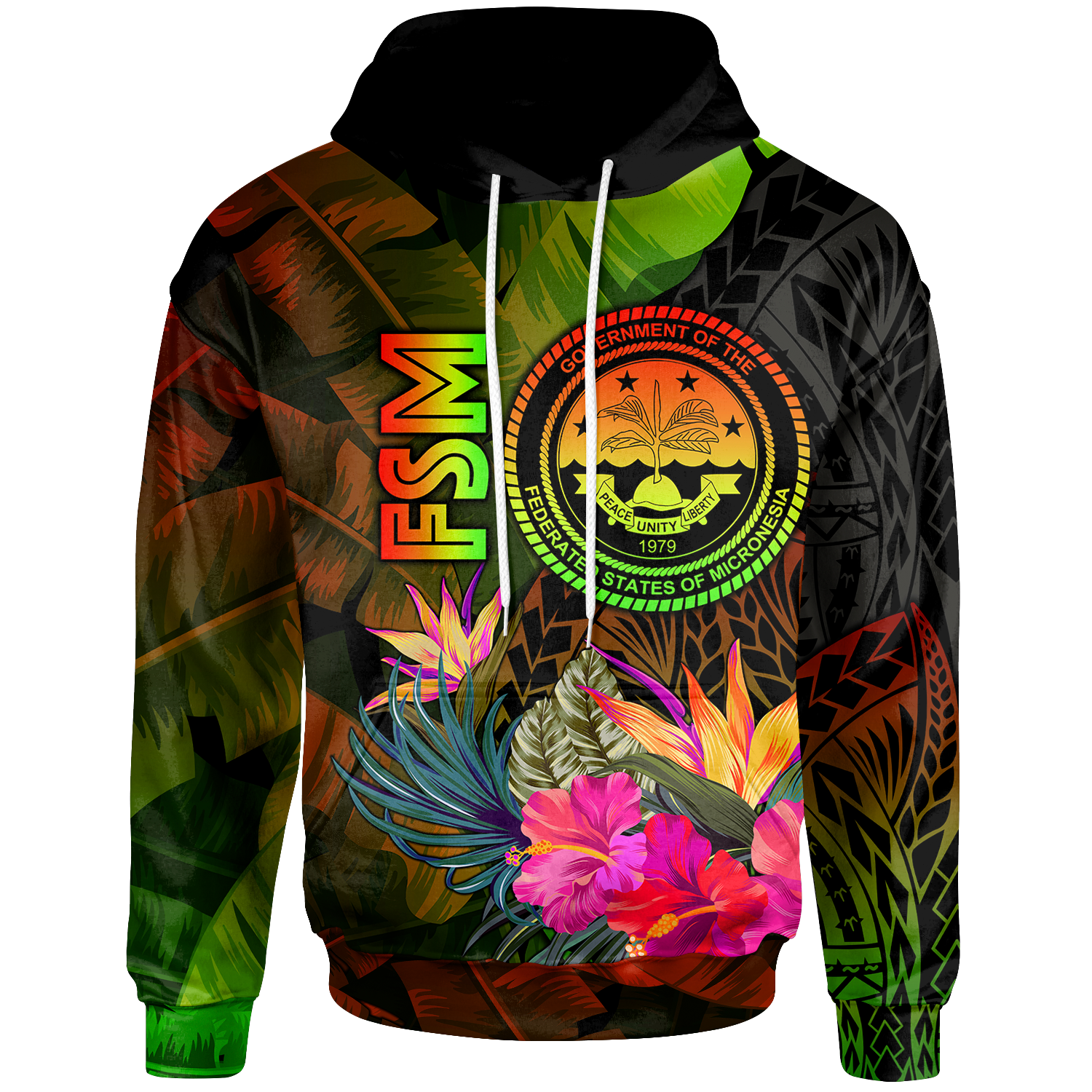 Federated States of Micronesia Polynesian Hoodie Hibiscus and Banana Leaves Unisex Reggae - Polynesian Pride