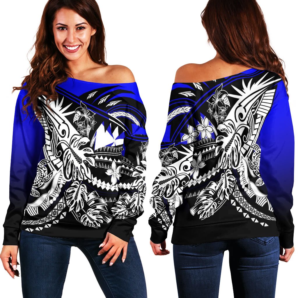 Wallis And Futuna Women's Off Shoulder Sweaters - Tribal Jungle Pattern Blue Color Blue - Polynesian Pride
