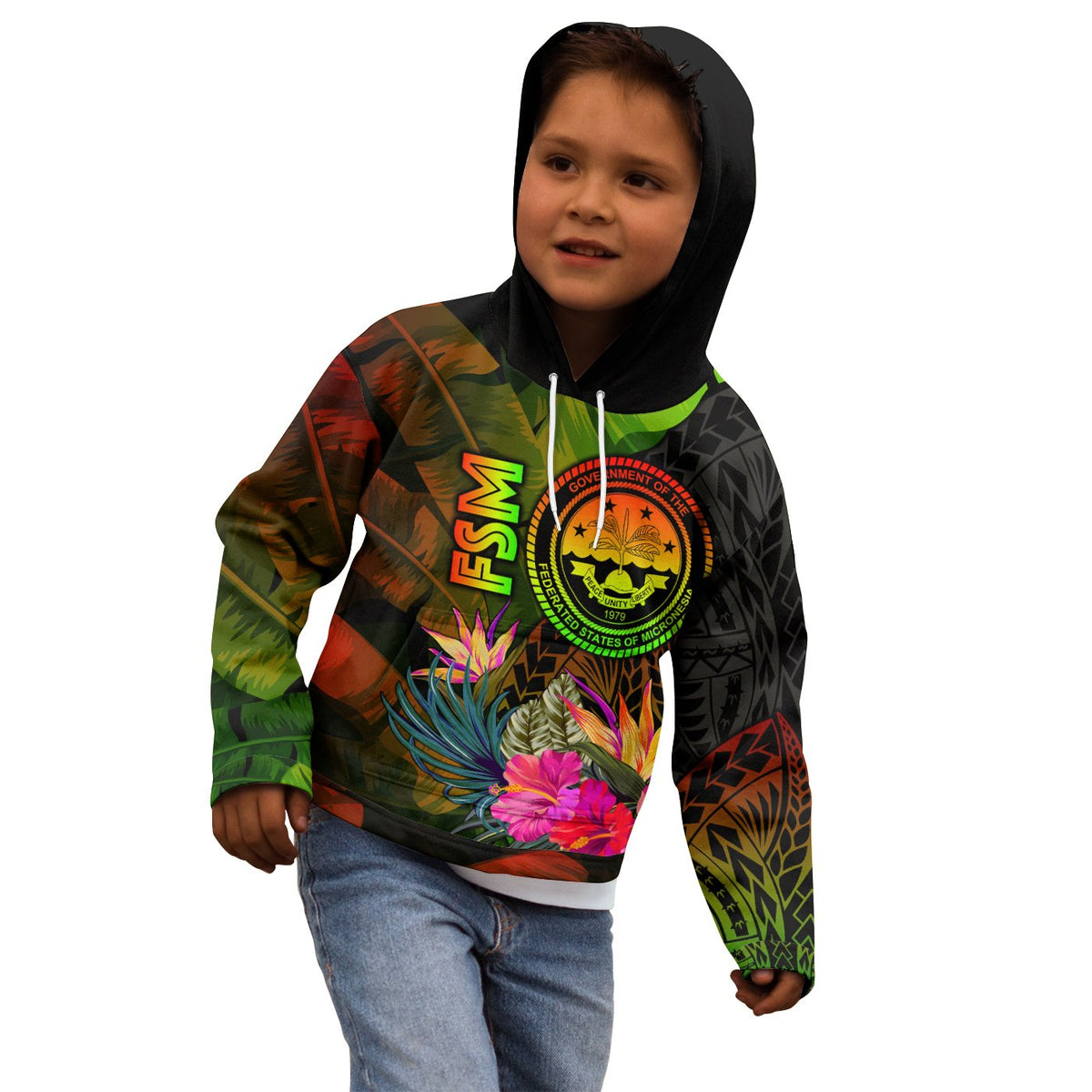 Federated States of Micronesia Polynesian Hoodie Hibiscus and Banana Leaves - Polynesian Pride