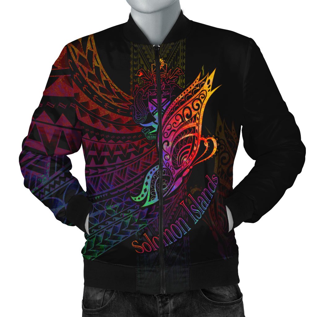 Solomon Islands Men's Bomber Jacket - Butterfly Polynesian Style Black - Polynesian Pride