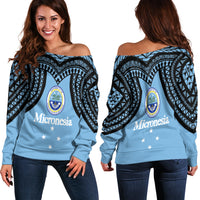 Federated States of Micronesia Women Off Shoulder Sweater - Micronesia Pattern - LT12 Blue - Polynesian Pride