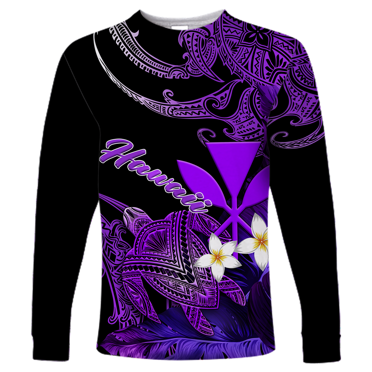 Hawaii Turtle With Plumeria Leaf Purple Long Sleeve Shirt - LT12 Unisex Black - Polynesian Pride
