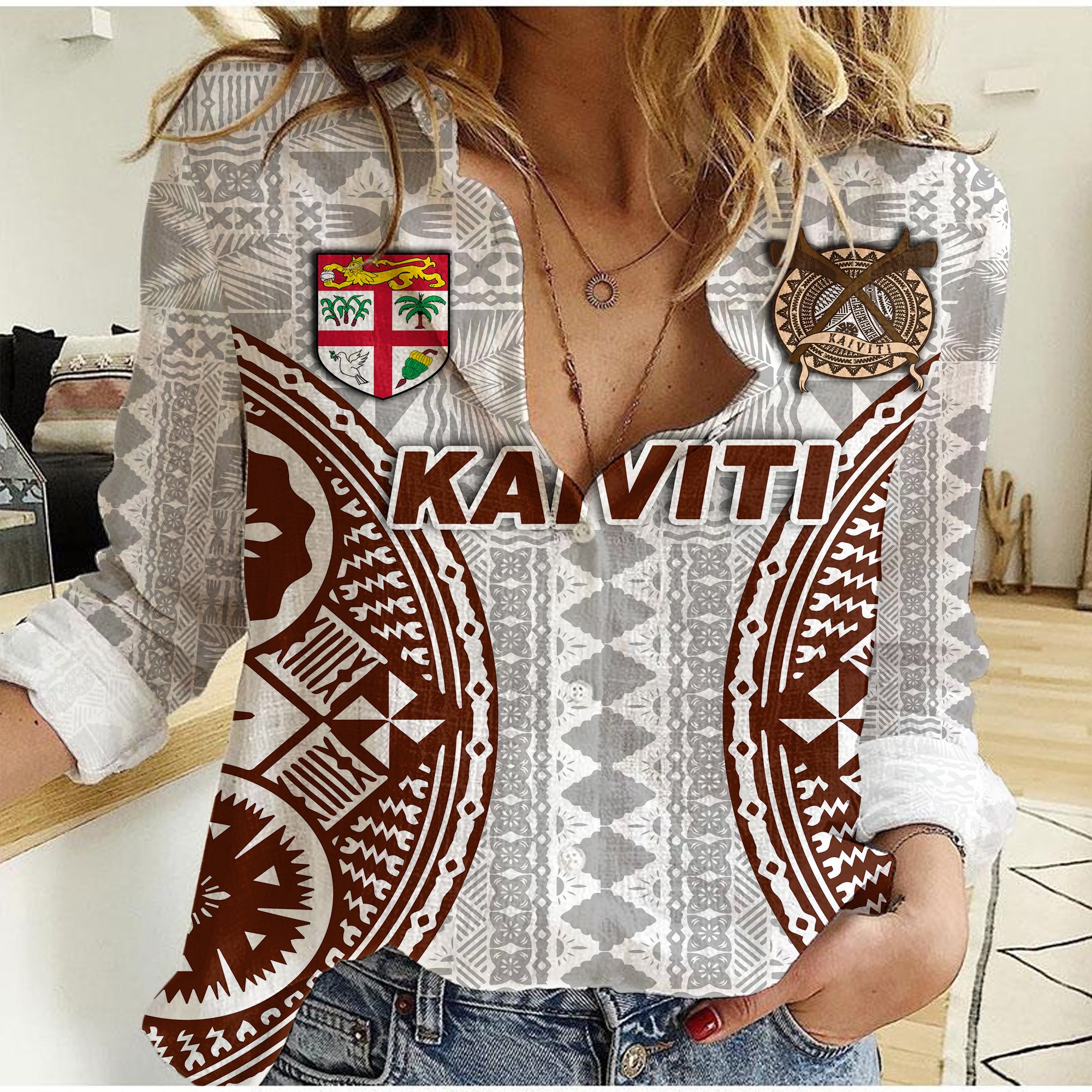 Fiji Kaiviti Tapa Pattern Women Casual Shirt - LT12 Female White - Polynesian Pride