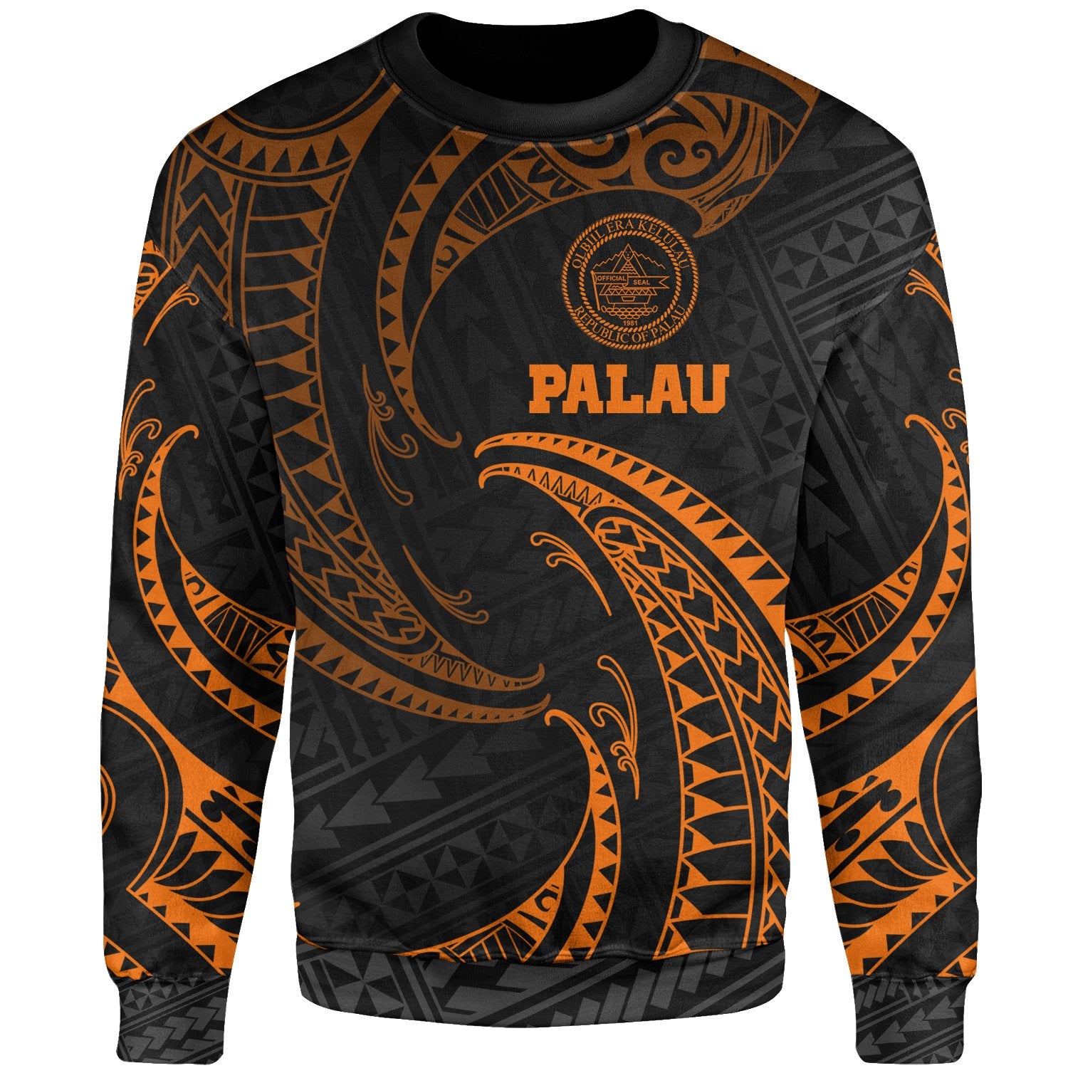 Palau Polynesian Sweater - Orange Tribal Wave Unisex Orange - Polynesian Pride