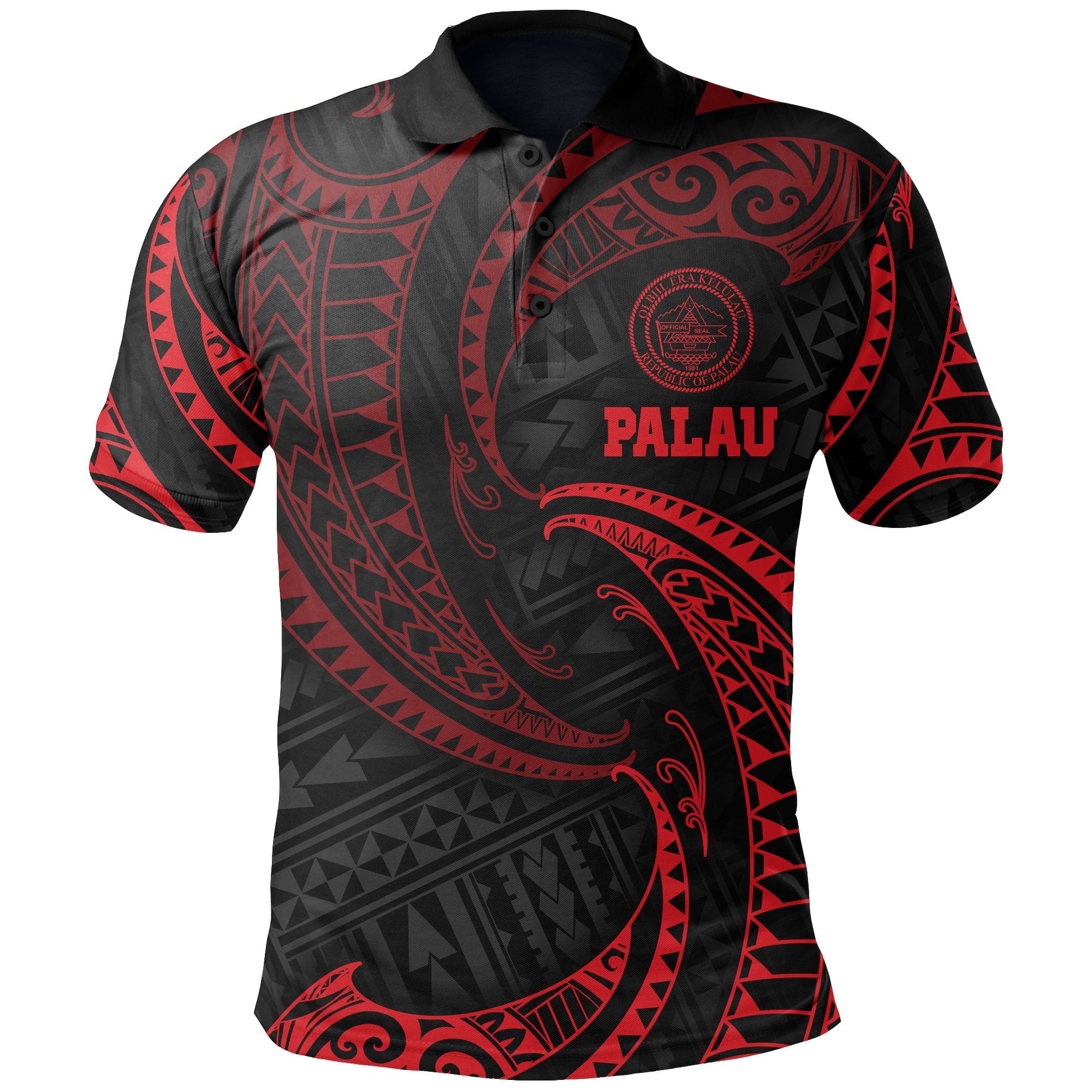 Palau Polynesian Polo Shirt Red Tribal Wave Unisex Red - Polynesian Pride