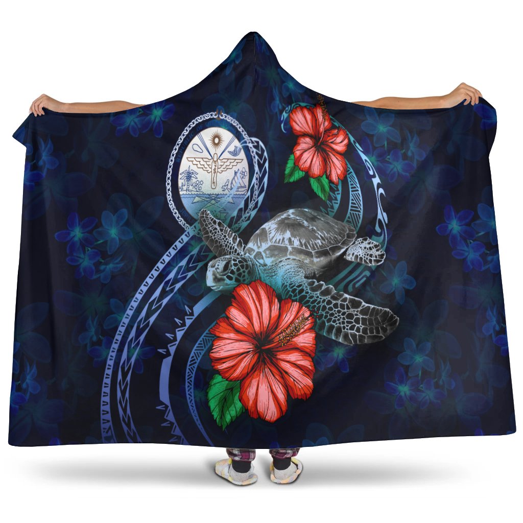 Marshall Islands Polynesian Hooded Blanket - Blue Turtle Hibiscus Hooded Blanket Blue - Polynesian Pride