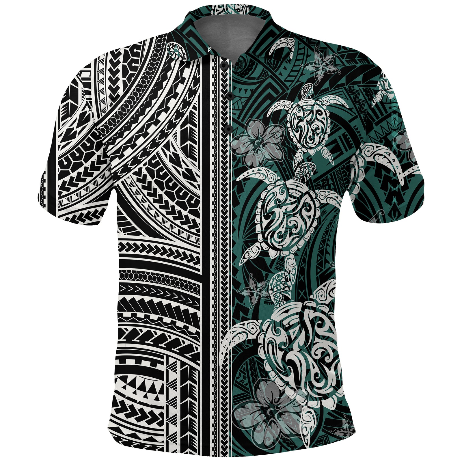 Polynesian Polo Shirt Turtle With Ethnic Motives and Floral Elements LT20 Unisex Green - Polynesian Pride