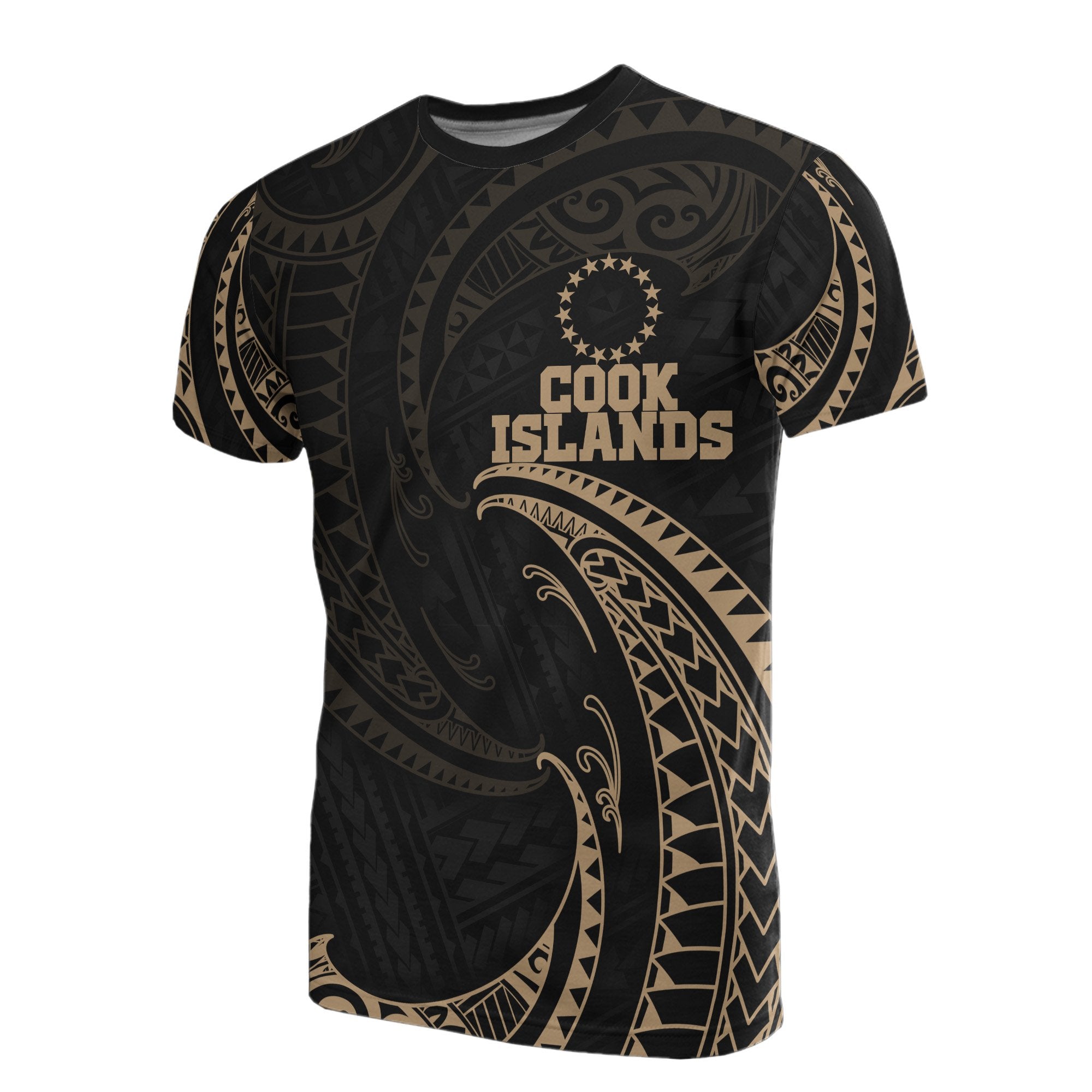 Cook Islands Polynesian T Shirt Gold Tribal Wave Unisex Black - Polynesian Pride
