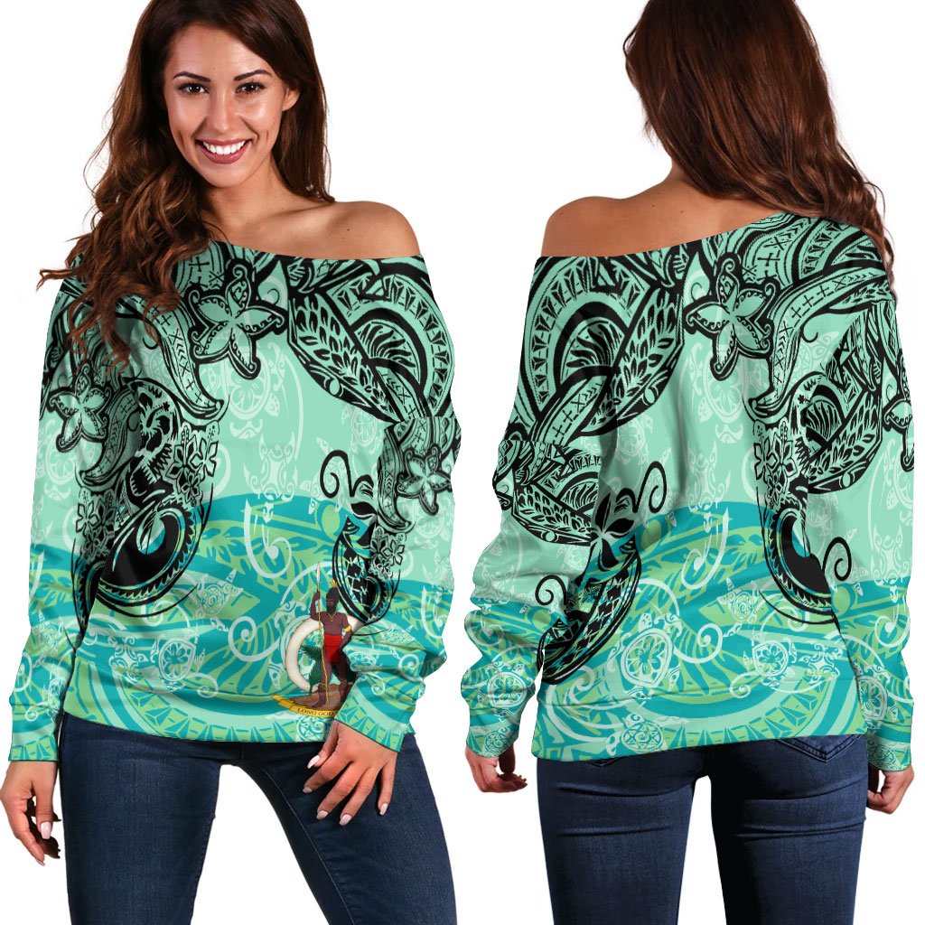 Vanuatu Women's Off Shoulder Sweaters - Vintage Floral Pattern Green Color Green - Polynesian Pride