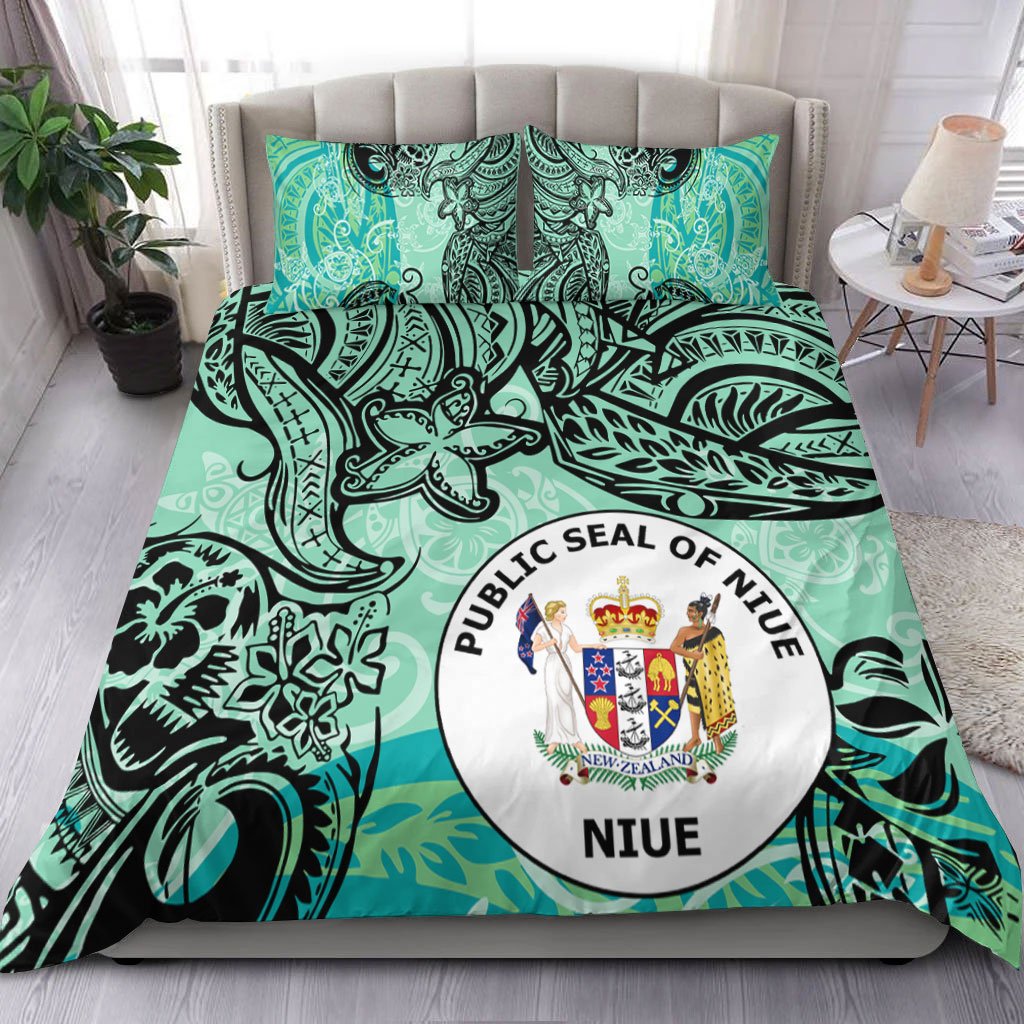 Niue Bedding Set - Vintage Floral Pattern Green Color Green - Polynesian Pride