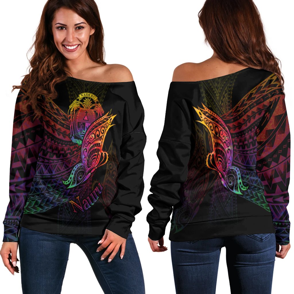 Nauru Women's Off Shoulder Sweater - Butterfly Polynesian Style Black - Polynesian Pride