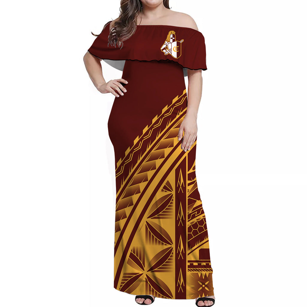 Hawaii Castle High School Tribal Pattern Off Shoulder Dress Ver01 - LT12 Long Dress Orange - Polynesian Pride