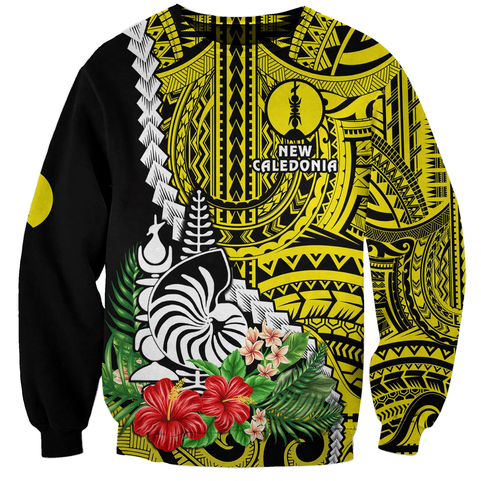 New Caledonia Polynesian Coat Of Arms Mix Tropical Flowers Sweatshirt LT14 Unisex Yellow - Polynesian Pride