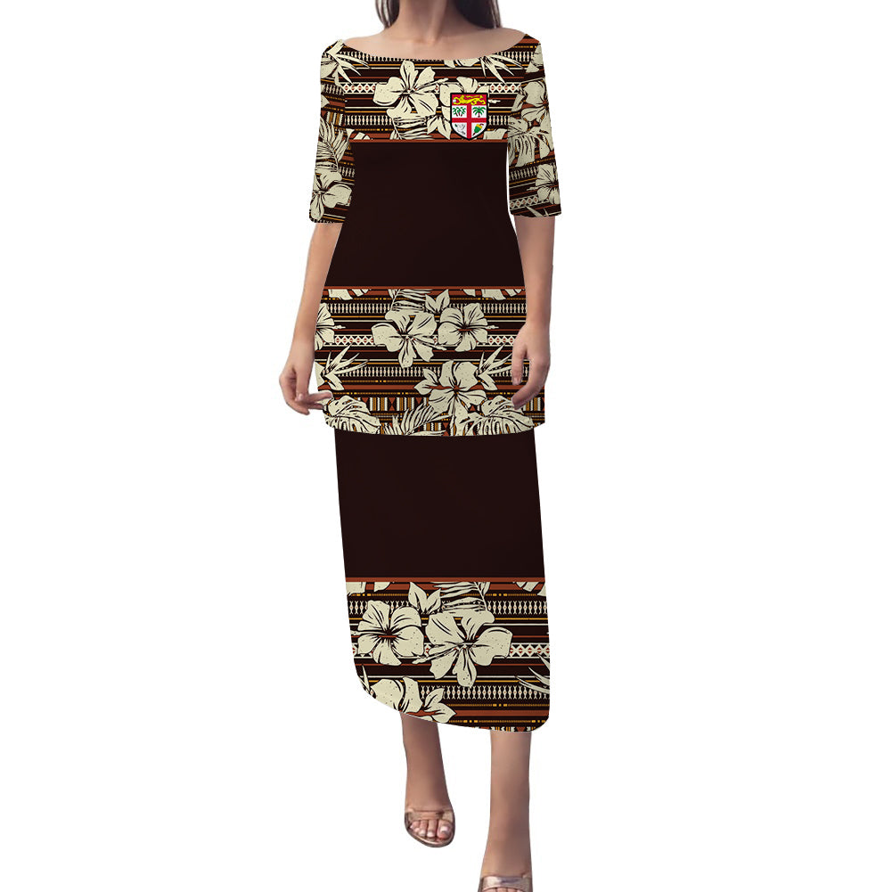 Fiji Tapa Hibiscus Brown Puletasi Dress LT14 Brown - Polynesian Pride