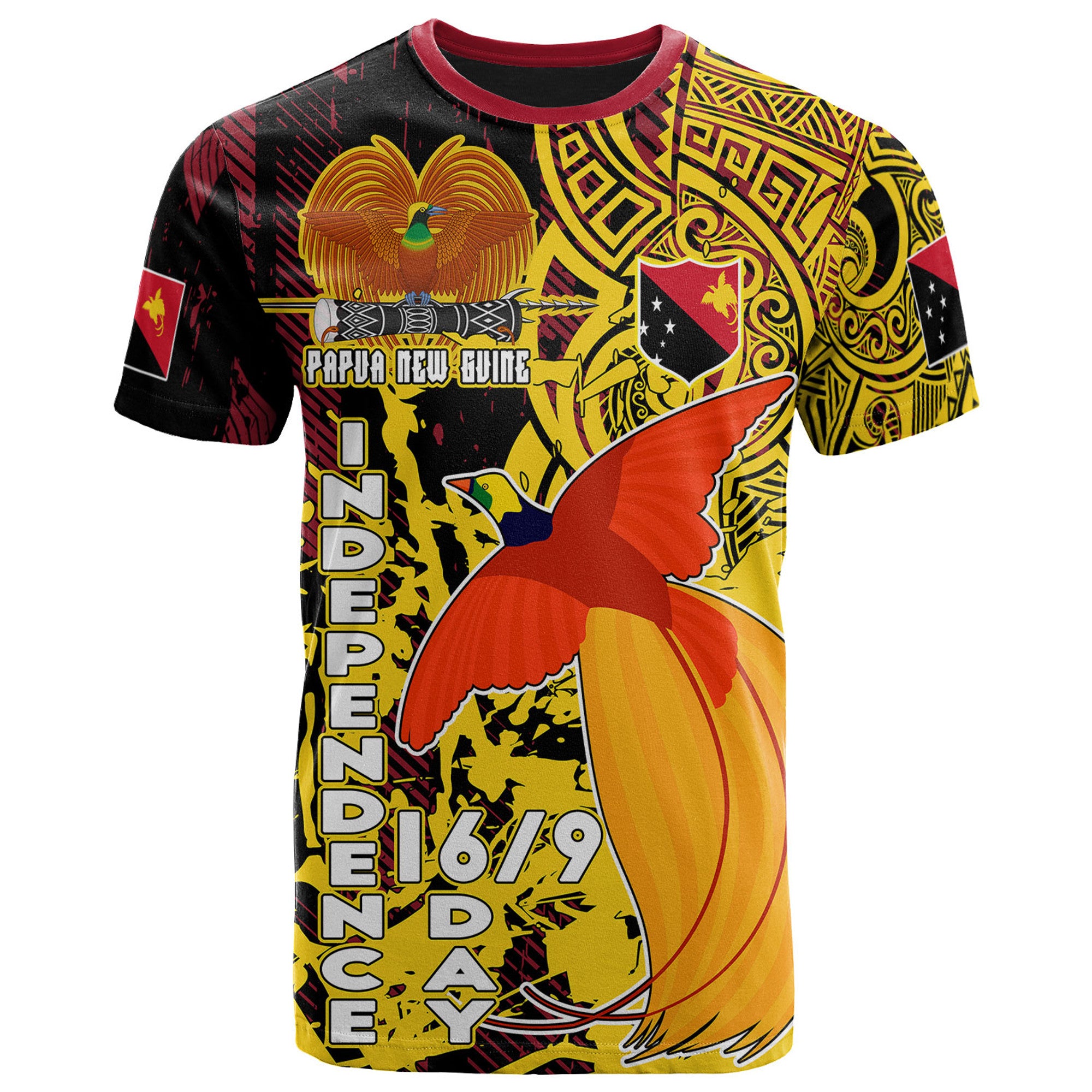 Papua New Guinea T Shirt Custom PNG Independence Day With Raggiana Bird of Paradise Polynesian Grunge Style T Shirt Yellow - Polynesian Pride