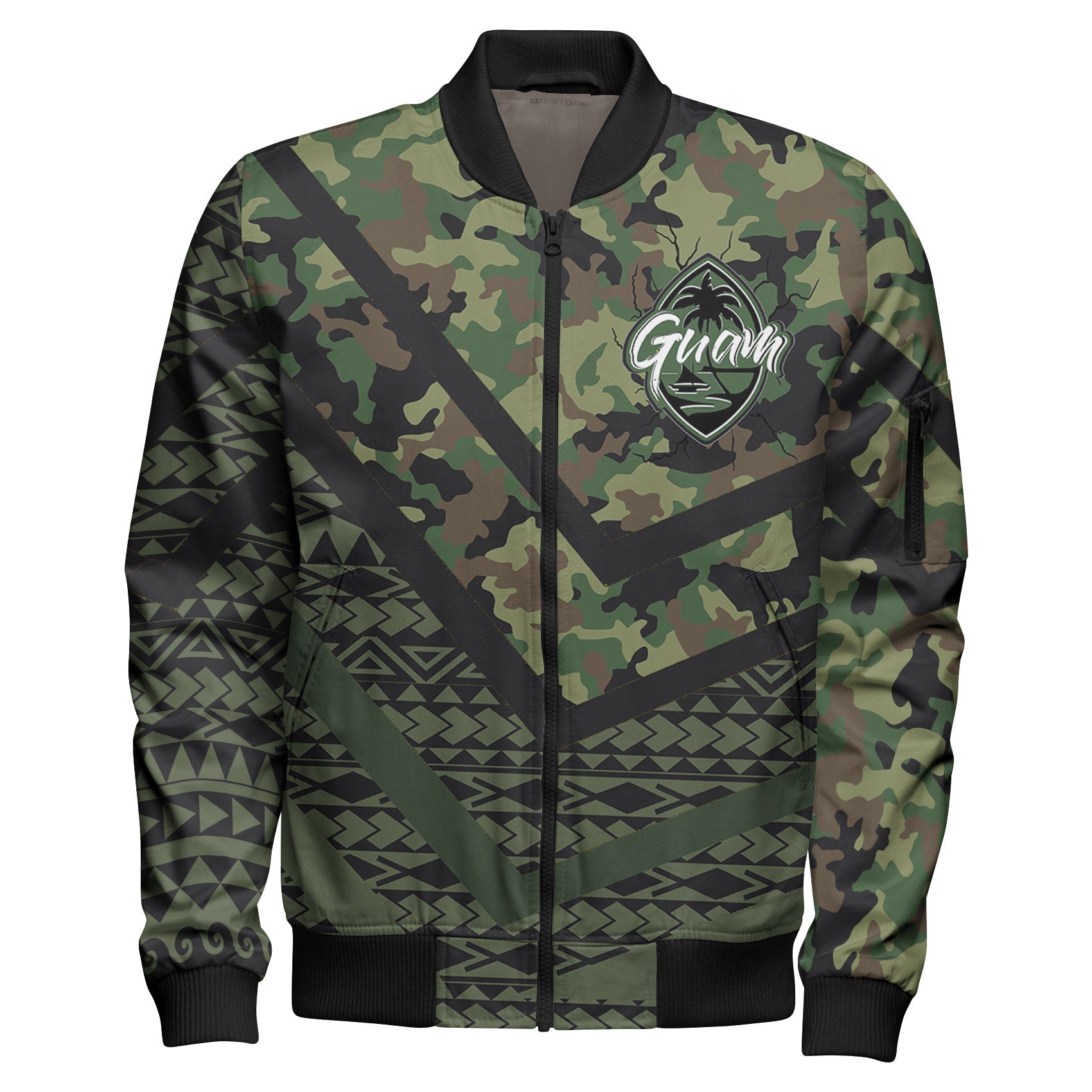 Guam Sleeve Zip Bomber Jacket - Custom Guam Camo Deluxe Polynesian Tattoo Bomber Jacket Unisex Green - Polynesian Pride