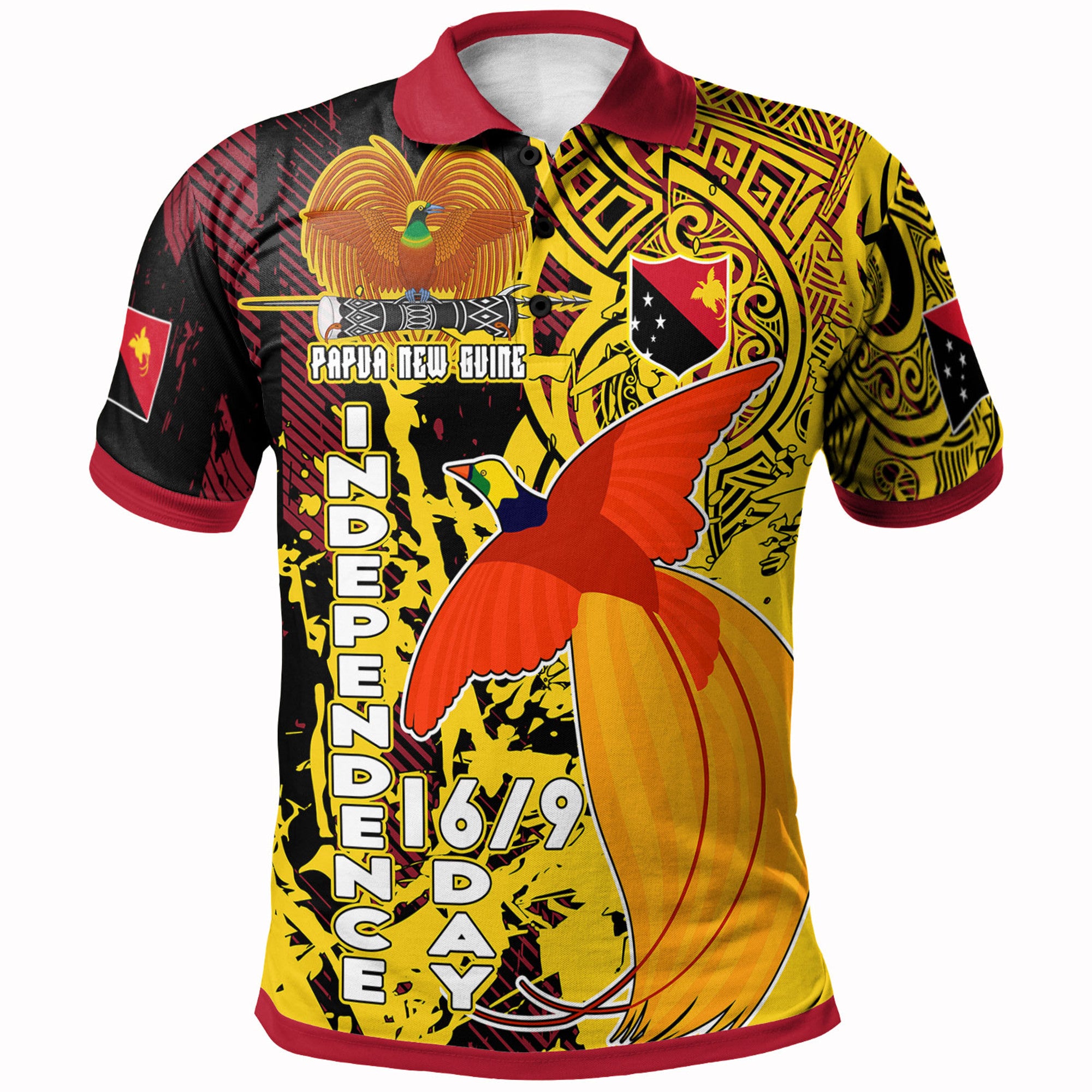 Papua New Guinea Polo Shirt Custom PNG Independence Day With Raggiana Bird of Paradise Polynesian Grunge Style Polo Shirt Yellow - Polynesian Pride